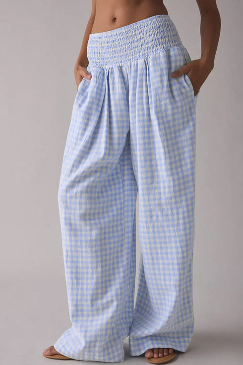 Smocked High Waist Gingham Plaid Pocketed Wide Leg Pants